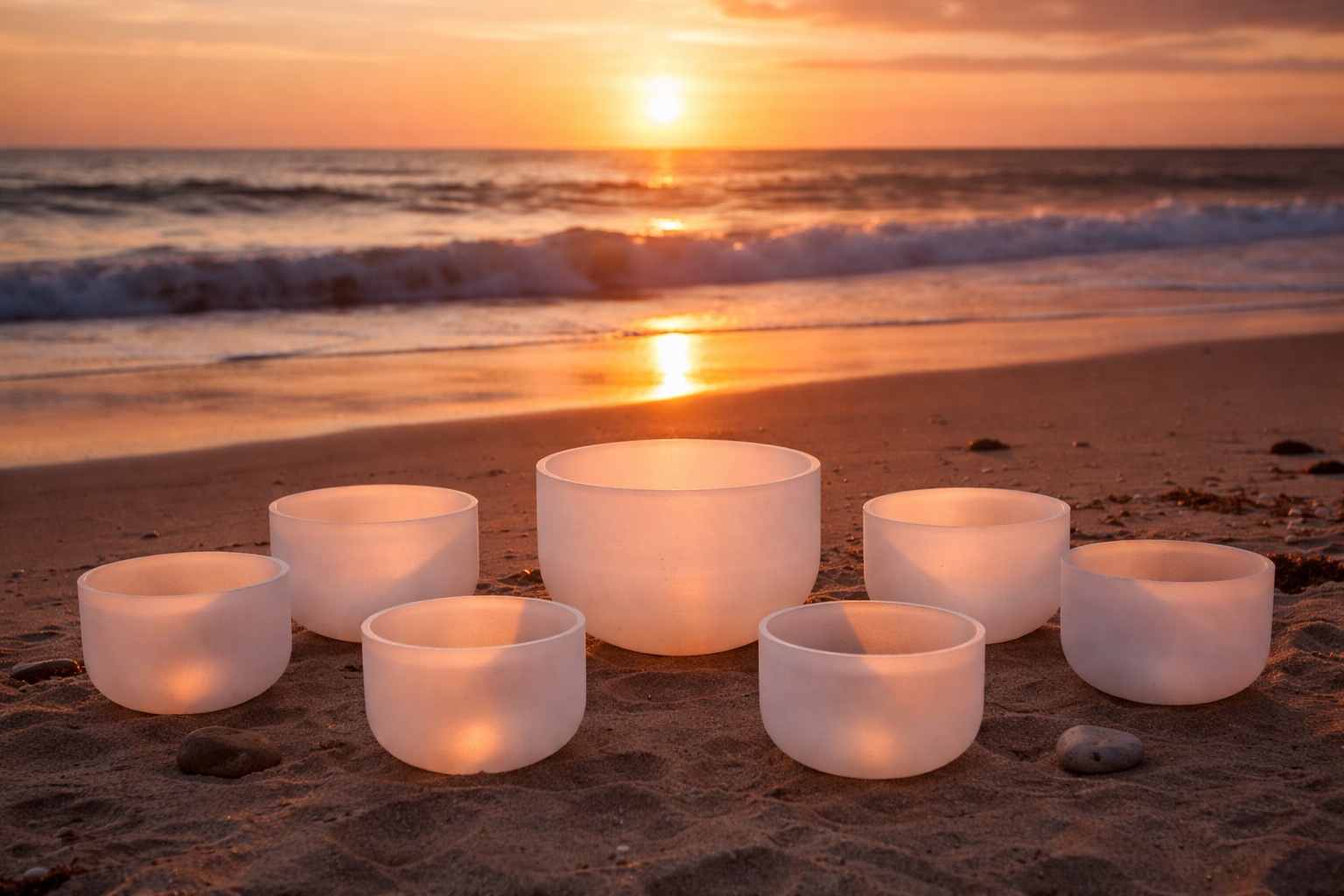 Seven crystal singing bowls on the beach at sunset in San Diego — Yin Yoga and Sound Healing event by CorporateYogi