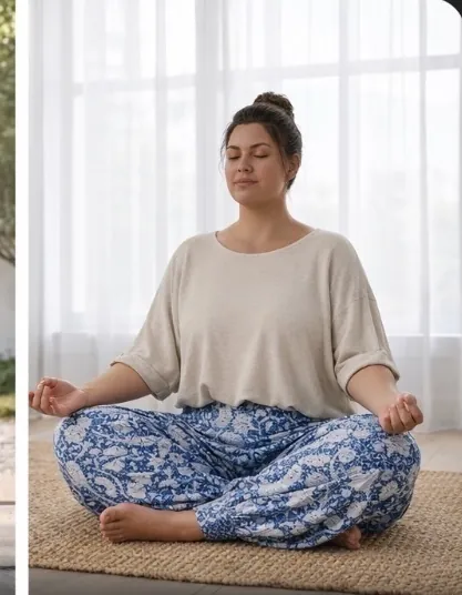 Woman meditating in Krishna Blue Extended plus-size 100% cotton yoga pants