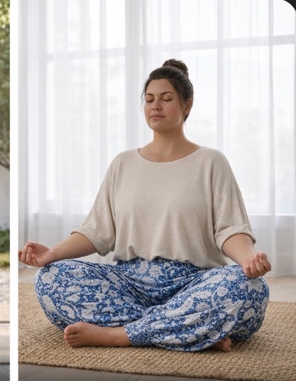 Krishna Blue Extended yoga pants — woman in seated meditation